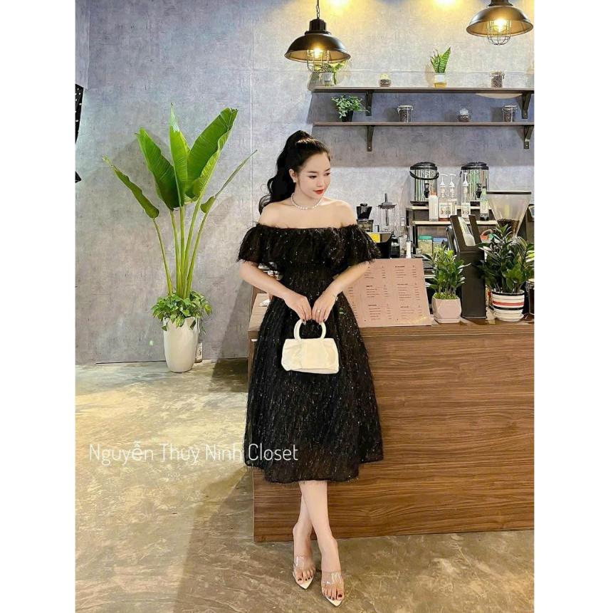 Đầm xoè lông vũ dự tiệc trễ vai bèo ngực cao cấp