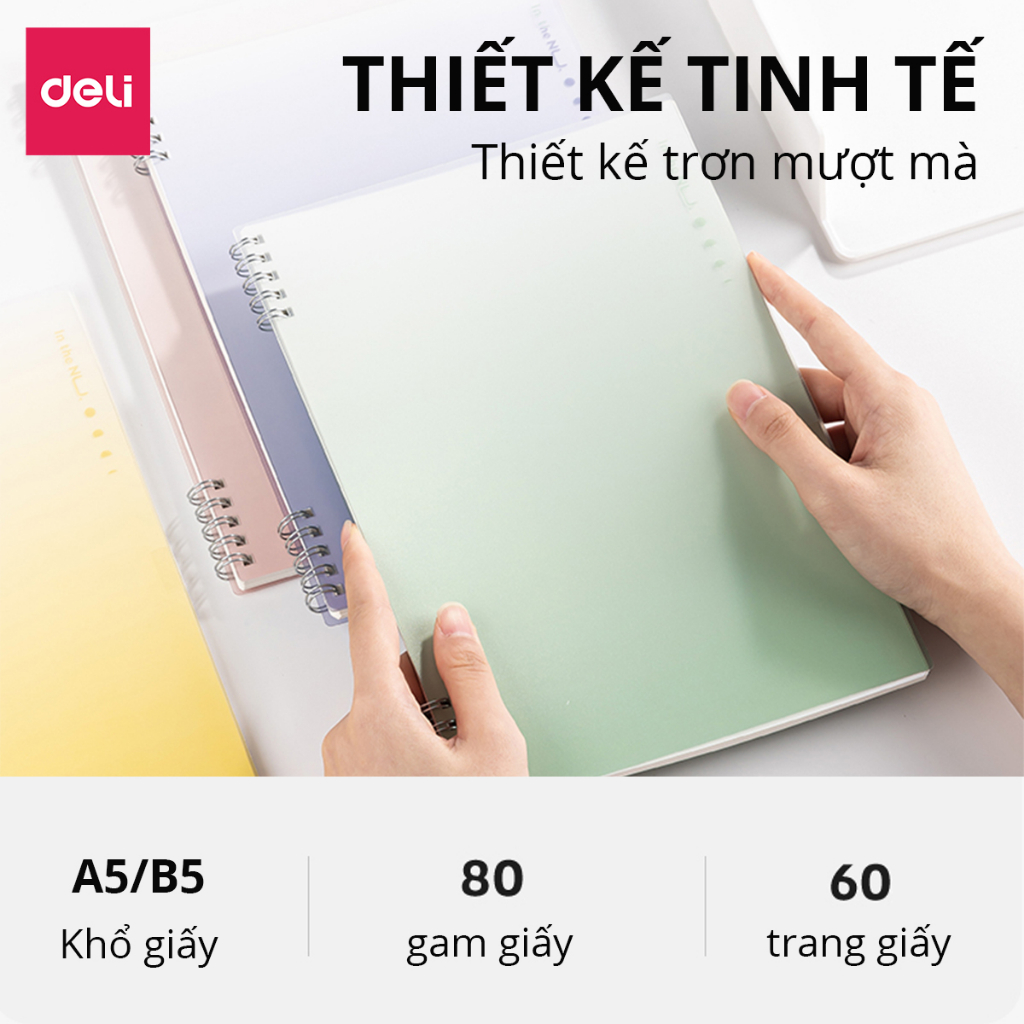 Sổ còng bìa nhựa PP Cao cấp NUsign Deli- 60 trang A5 - 4 màu bìa pastel trendy - phù hợp làm planner, tập vở học sinh, sổ tay, sổ ghi chép