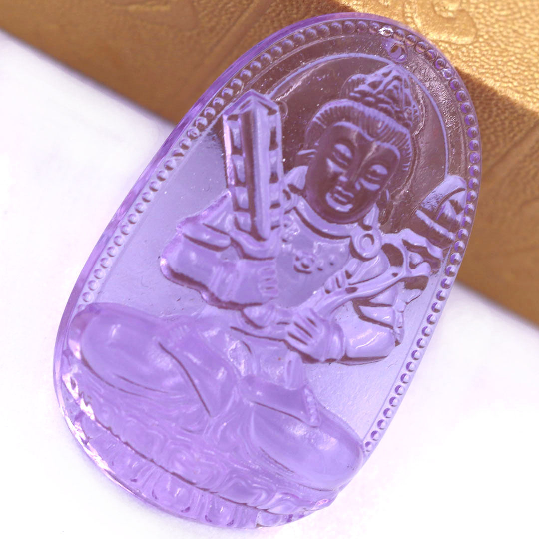 Mặt Phật Hư không tạng 5 cm  pha lê tím kèm móc và dây chuyền inox, Mặt Phật bản mệnh