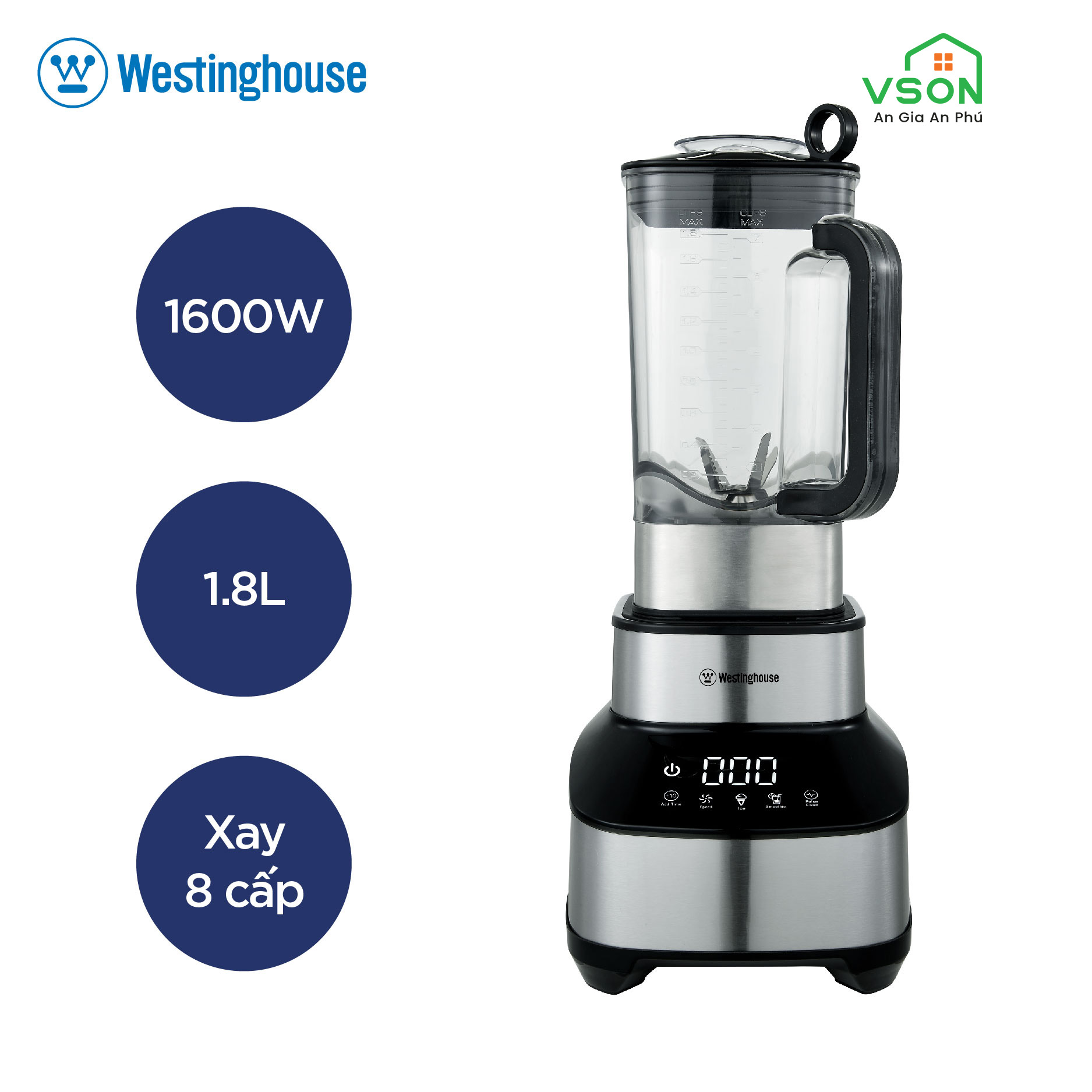 Máy xay sinh tố WestingHouse WKBE688 Màn hình cảm ứng Công suất 1600W Dung tích 1.8L  - 8 tốc độ, lưỡi xay thép không gỉ - Hàng chính hãng Mỹ