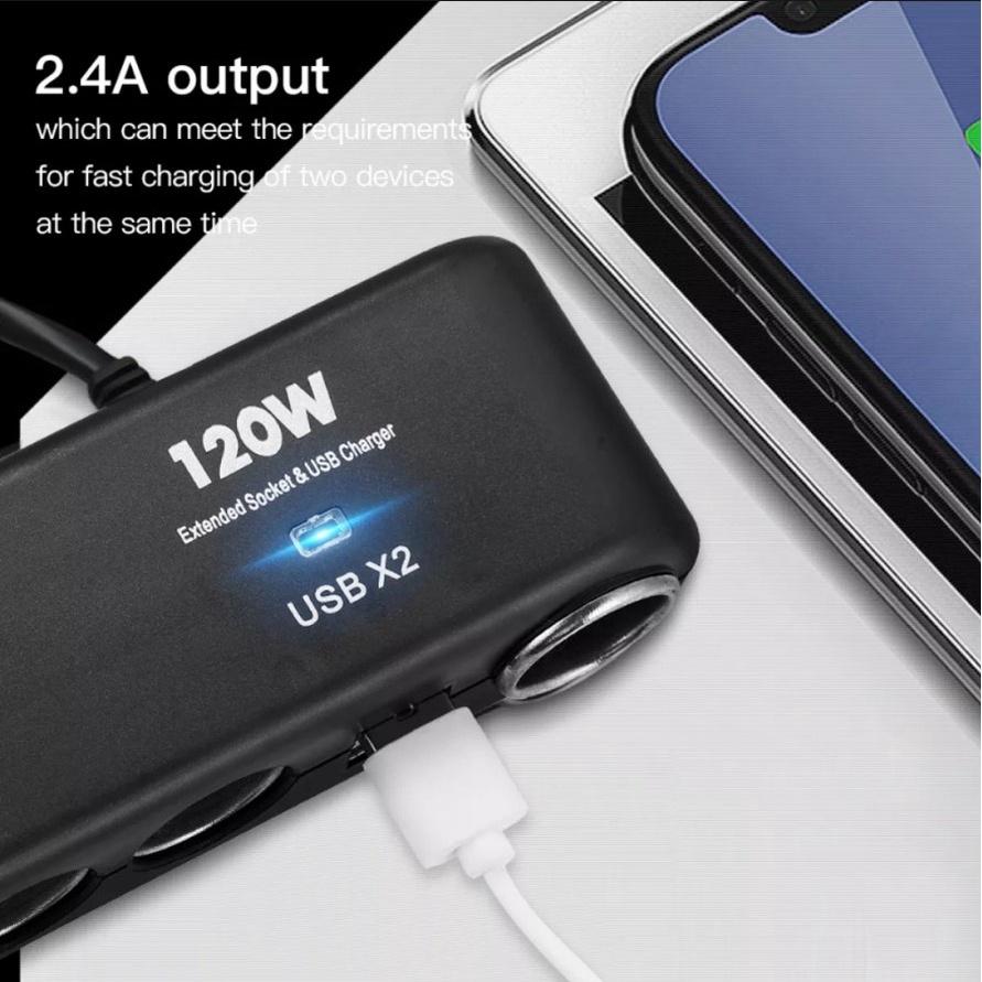 Thiết bị chia tẩu sạc 4 công xe hơi ô tô USB kép 120w chống cháy 12v-24v hàng cao câp loại tốt