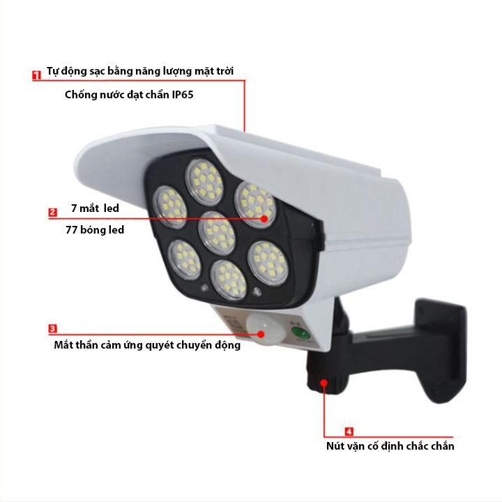 Đèn cảm ứng 7 mắt LED dùng pin năng lượng mặt trời mẫu camera chống trộm