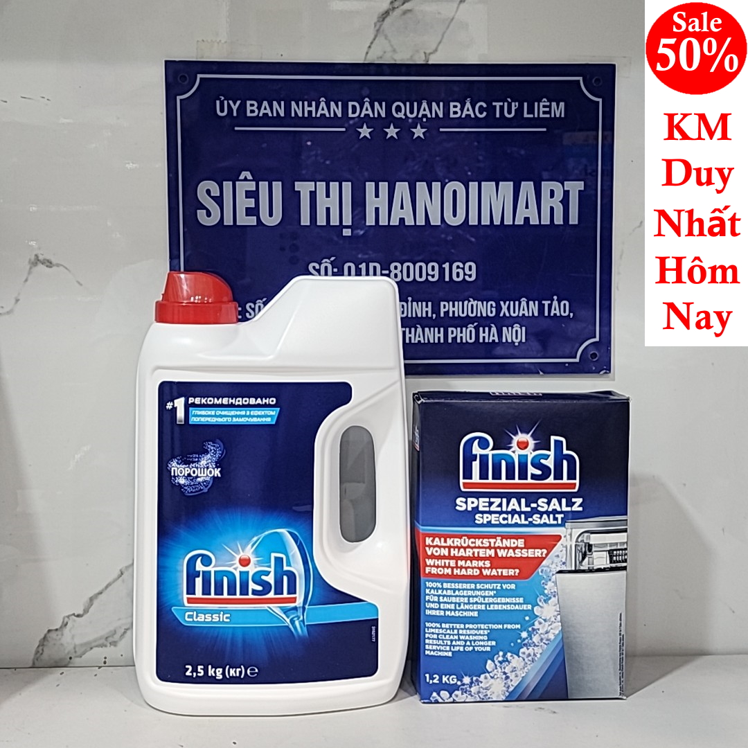 combo Muối rửa bát Finish 1,2 kg + bột rửa bát Finish 2.5kg +Tặng que thử nước