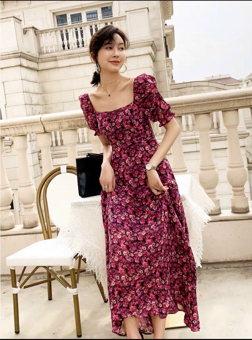 Đầm xòe maxi lụa hoa mềm mịn cổ vuông bo chun siêu co giãn vintage - VN482001