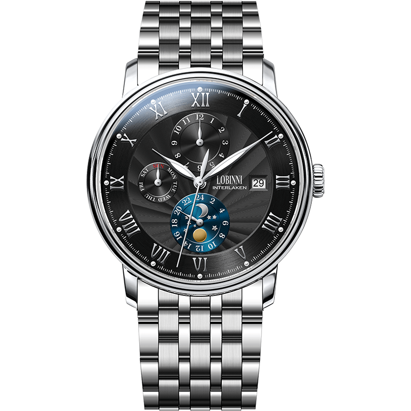 Đồng hồ nam Lobinni Ref.1023-10 chính hãng Thụy Sỹ, Kính sapphire nguyên khối ,chống xước,chống nước 50m ,mặt đen vỏ trắng  dây kim loại thép không gỉ 316L ,Đồng hồ cơ  ,BH 24 tháng,thiết kế sun and moon sang trọng