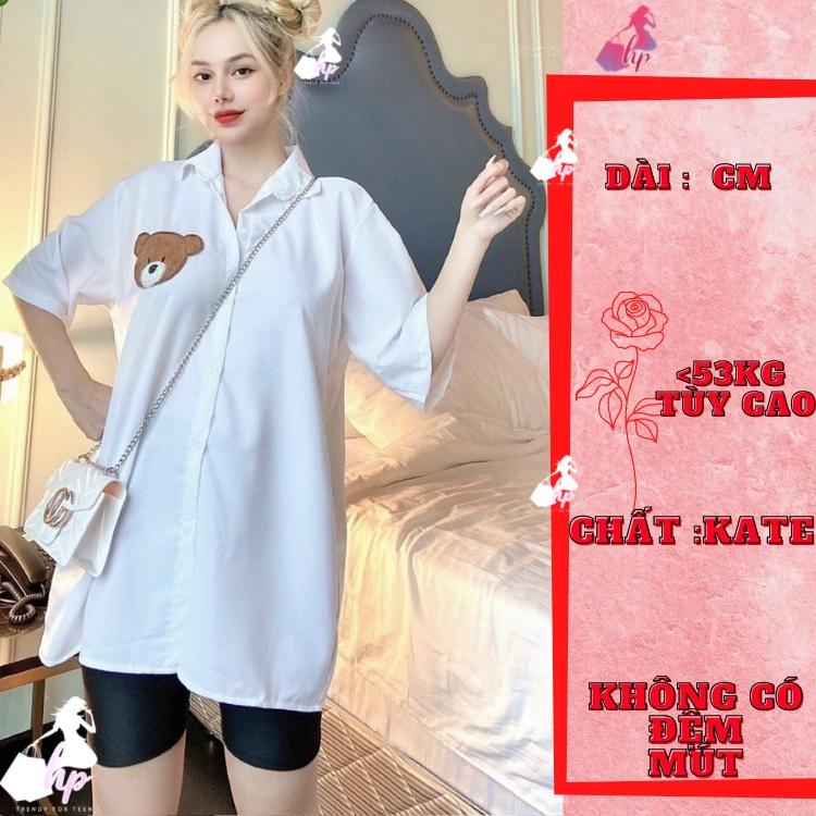 Áo sơ mi nữ phom rộng cổ sơ mi, Áo phông from to tay lỡ katê lụa thêu gấu sang chảnh hàn quốc A179