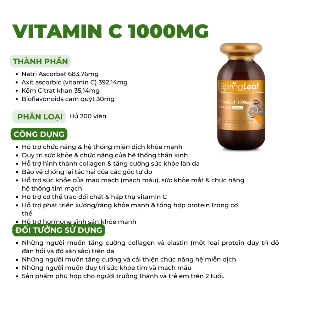 Tăng đề kháng Vitamin C Viên Ngậm Nhai 1000mg SpringLeaf 200 viên