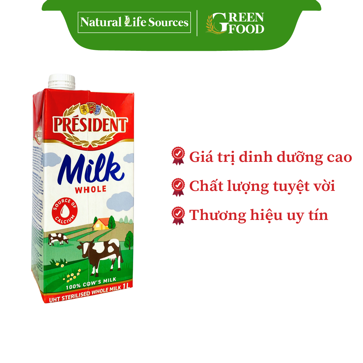 Sữa tươi tiệt trùng nguyên kem cao cấp President không đường | Hộp 1L - Nhập khẩu chính hãng từ Pháp