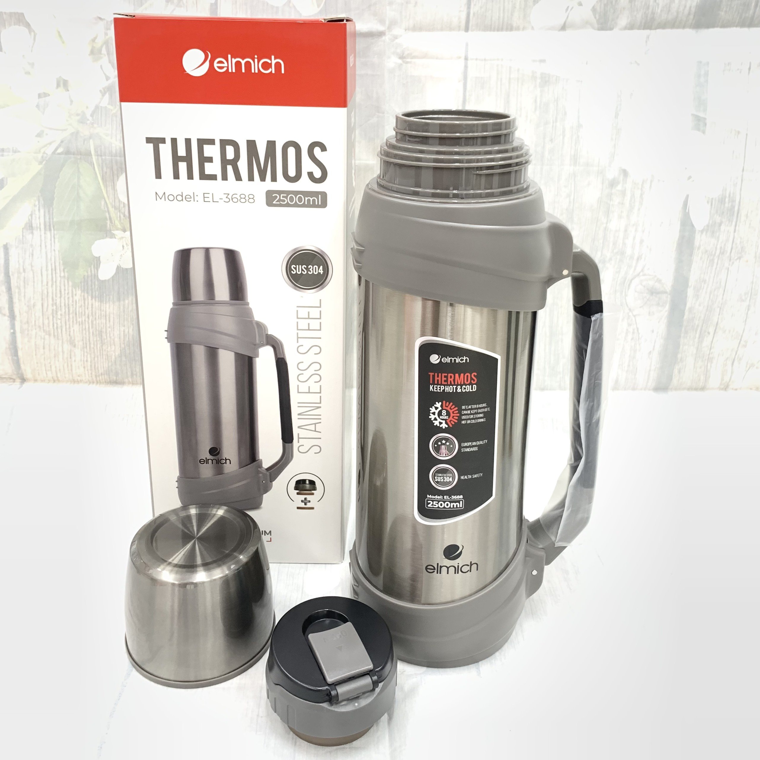 Phích Giữ Nhiệt 3 lớp, Inox 304 Tráng bạc Elmich EL-3688 (Dung tích 2500ml / Giữ Nóng 8h - Giữ Lạnh 12h) - Hàng Nhập Khẩu Chính Hãng