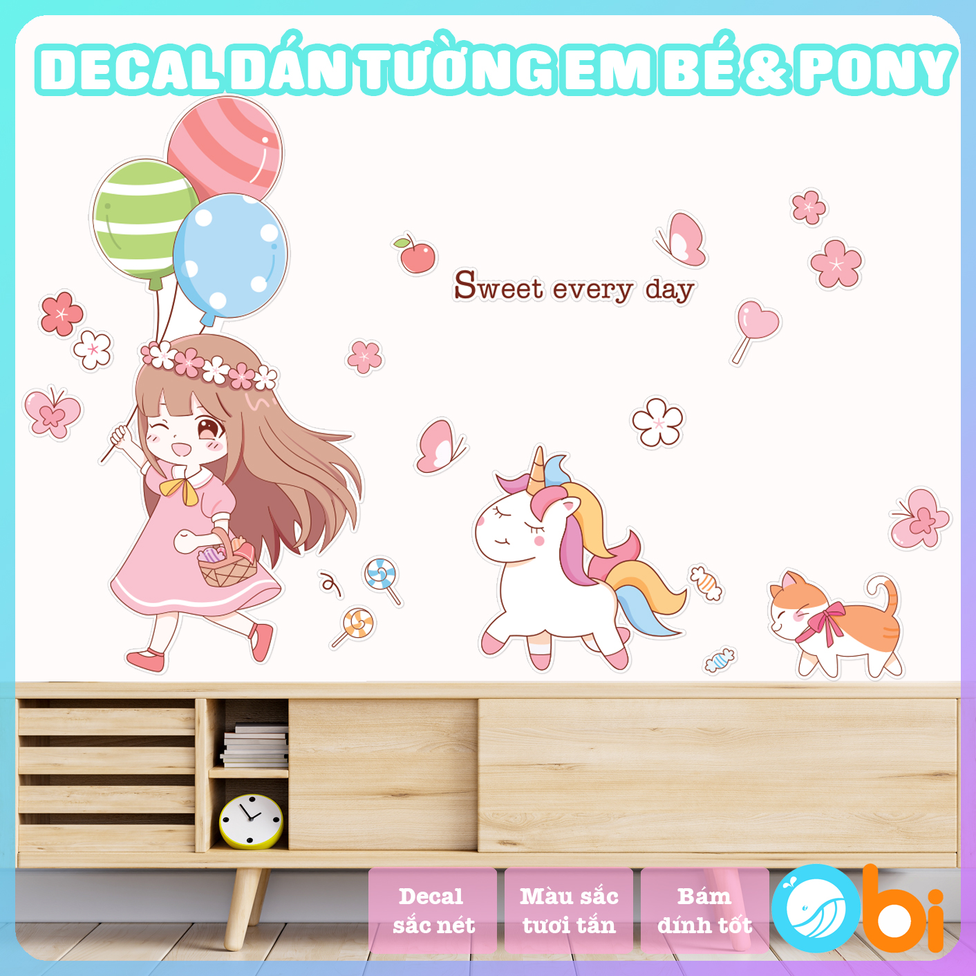 Decal dán tường cho bé - Decal Em bé và ngựa Pony