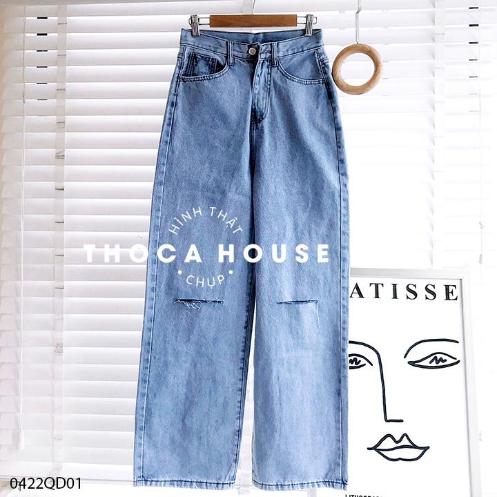 Quần jeans nữ ống rộng kiểu lai cắt gối 5666 THOCA HOUSE trẻ trung, siêu tôn dáng cho nàng