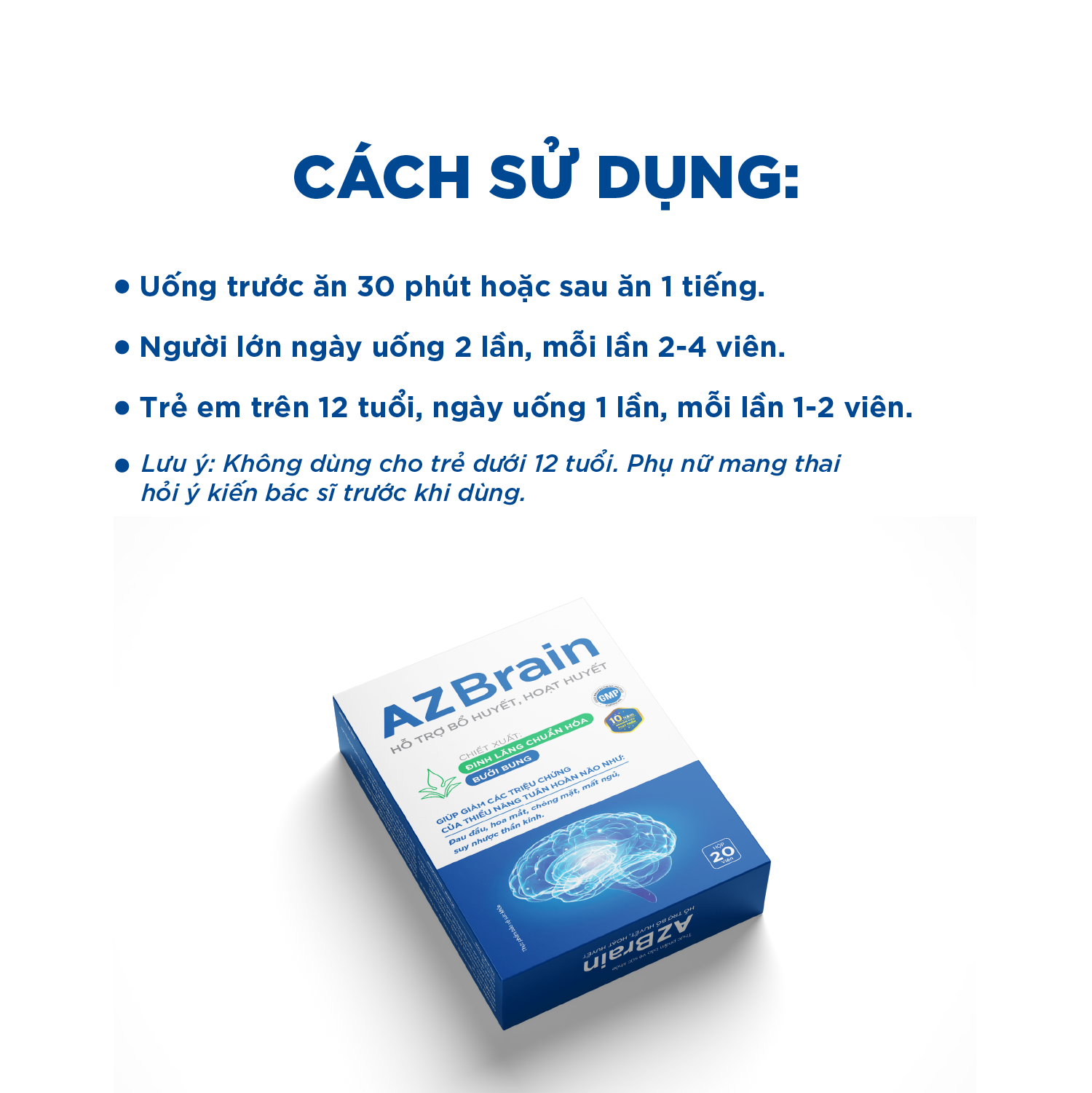 Hoạt huyết dưỡng não AZ Brain giảm đau đầu, mất ngủ, suy nhược thần kinh, tăng tuần hoàn máu não Grow Green AZ (H/20v)