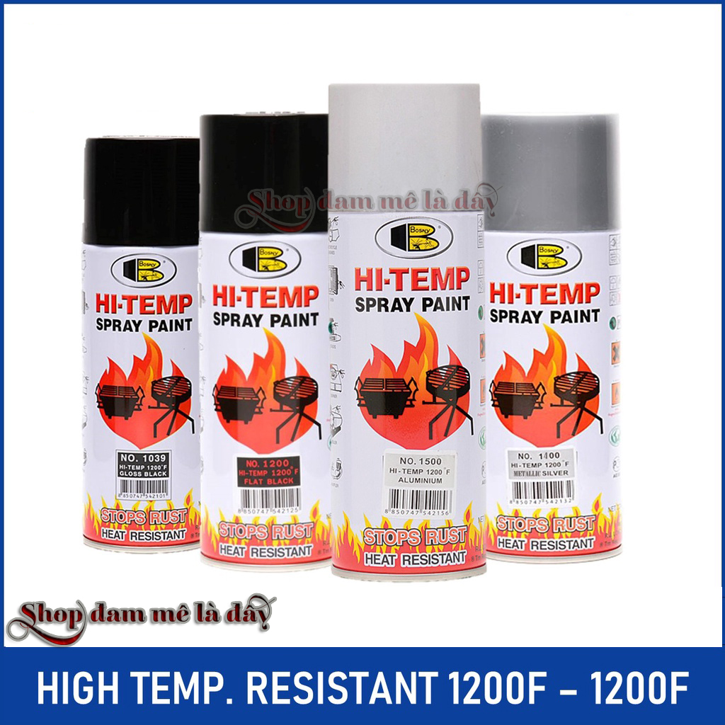 Sơn xịt chịu nhiệt độ cao loại tốt chính hãng, sơn pô xe, sơn chống cháy 600 độ HI TEMP Bosny dung tích 400ml nhiều màu - Thái Lan