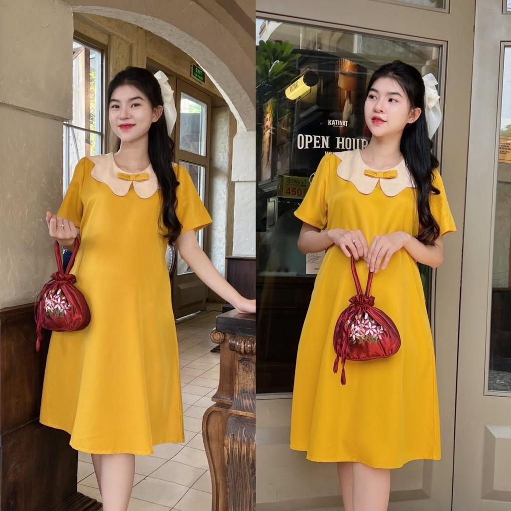 Đầm bầu công sở cổ sen phối nơ chất cotton lạnh phom suông gọn dáng thanh lịch - Xanh đậu