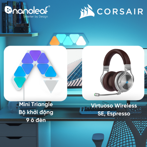 [Nanoleaf x Corsair] Combo Đèn LED RGB Shapes Mini Triangle Bộ khởi động và Tai nghe Virtuoso Wireless SE, Espresso