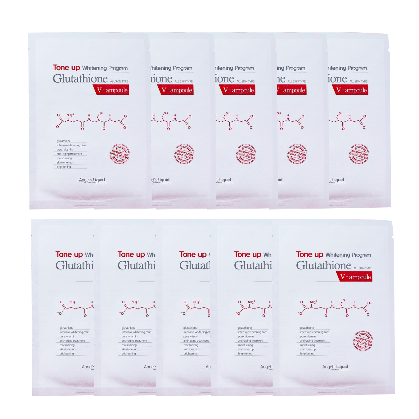 Combo 10 Mặt Nạ Dưỡng Trắng Sáng Da Angel’s Liquid Tone Up Whitening Program Glutathione V-Ampoule Mask 25g x10