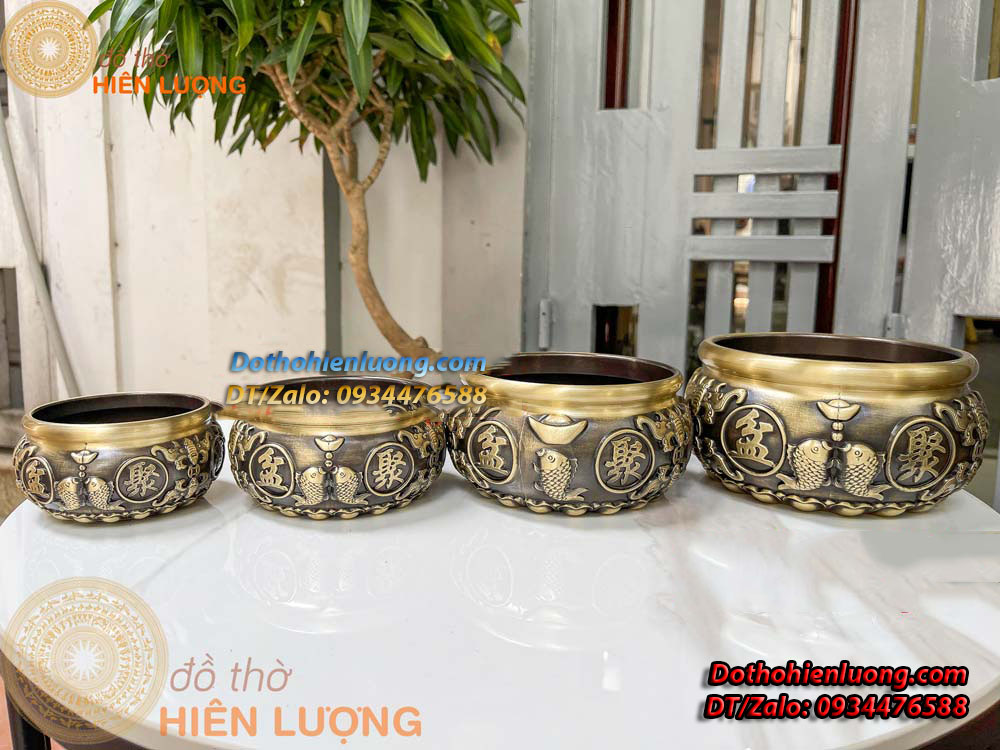 Bát Tụ Bảo Cá Chép Và Dơi Ngậm Tiền Bằng Đồng Màu Nâu Vàng Bằng Đồng Các Cỡ - Đồ Thờ Hiên Lượng