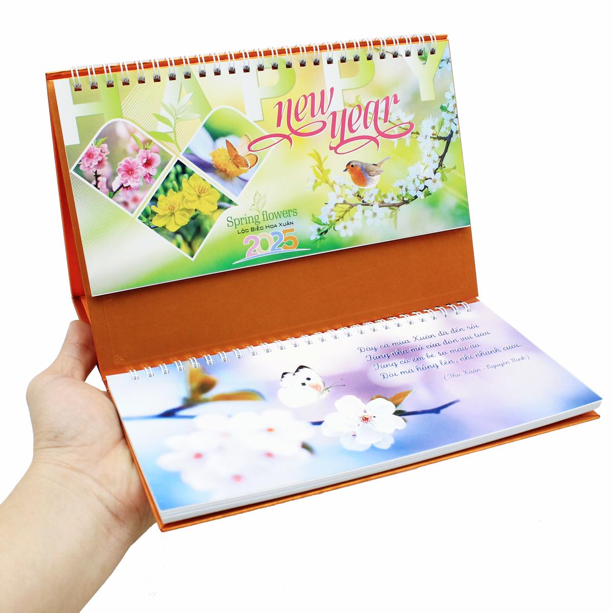 Lịch Bàn 2025 Có Note - Lộc Biếc Hoa Xuân - Văn Lang VL-LB16 - Đế Màu Cam