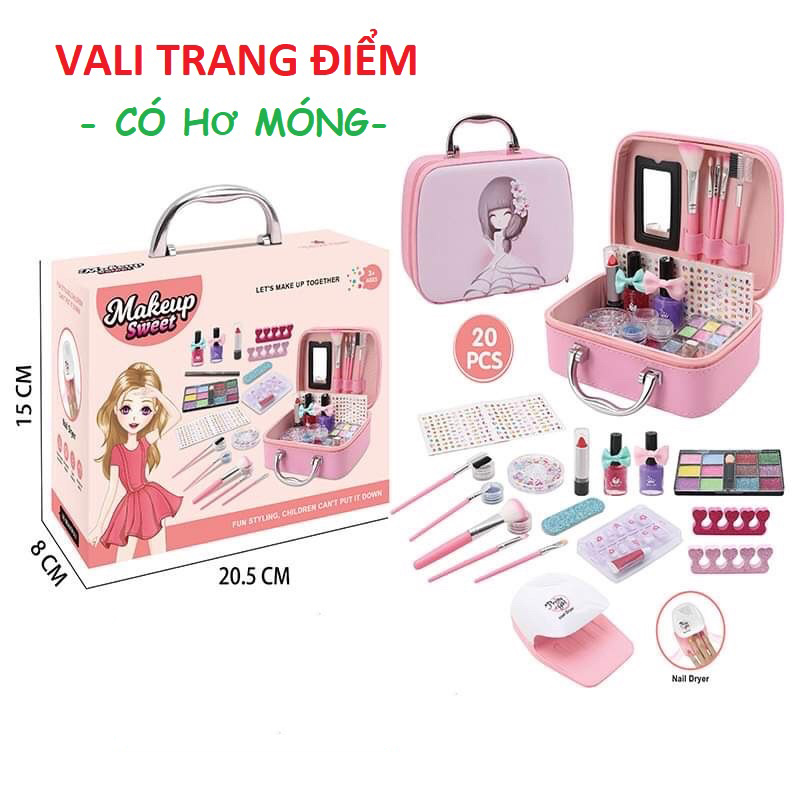 Vali Trang Điểm Cho Bé Gái, Đồ Chơi Makeup, Đồ Chơi Làm Đẹp Cao Cấp, Dễ Làm Sạch-Kèm Máy Hơ Móng