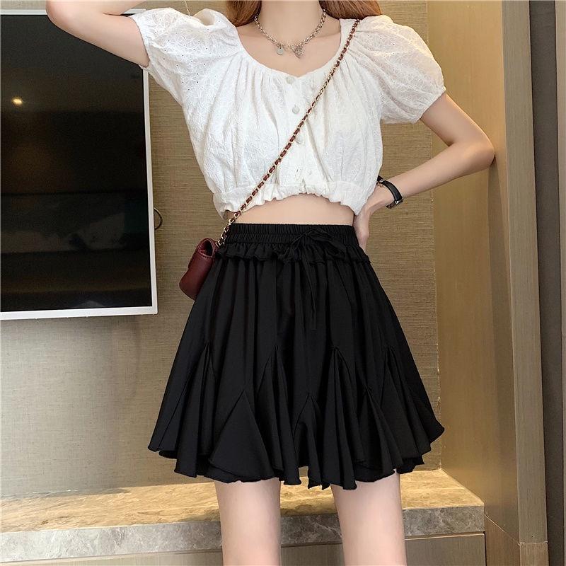 Chân Váy Ngắn Hàn Quốc Dáng Xòe Viền Bèo Kèm Dây Nơ 2 Màu Siêu Xinh
