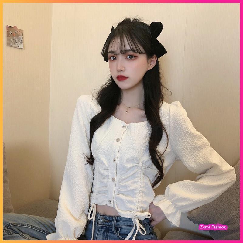 Áo Sơ Mi Nữ CropTOP Cổ Vuông Rút Dây Ngực Ulzzang