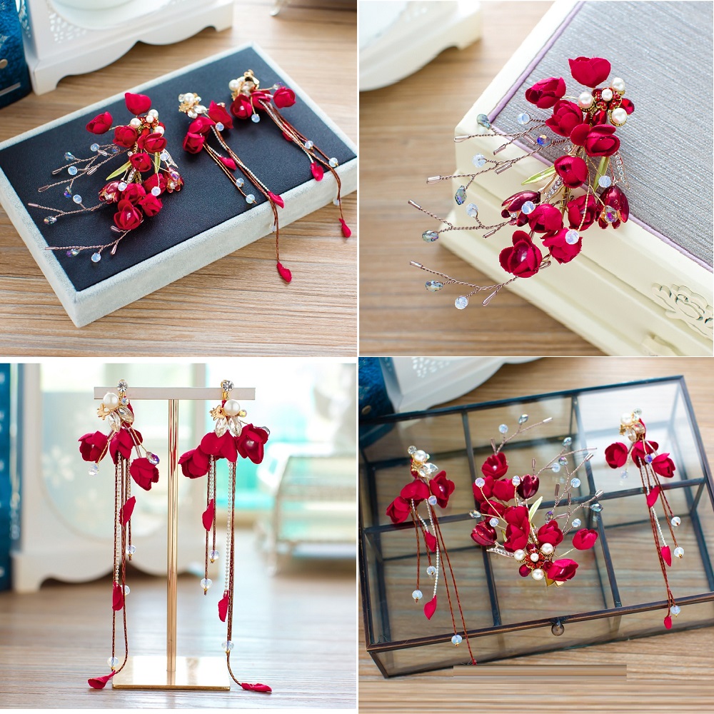 Set Hoa Cài Tóc Kèm Hoa Tai Đỏ 180 Số 5, Thiết Kế Ấn Tượng, Màu Sắc Nổi Bật, Tạo Điểm Nhấn Phong Cách Khi Làm Tóc, Dễ Kết Hợp Trang Phục Trong Sự Kiện Hoặc Đi Chụp Ảnh