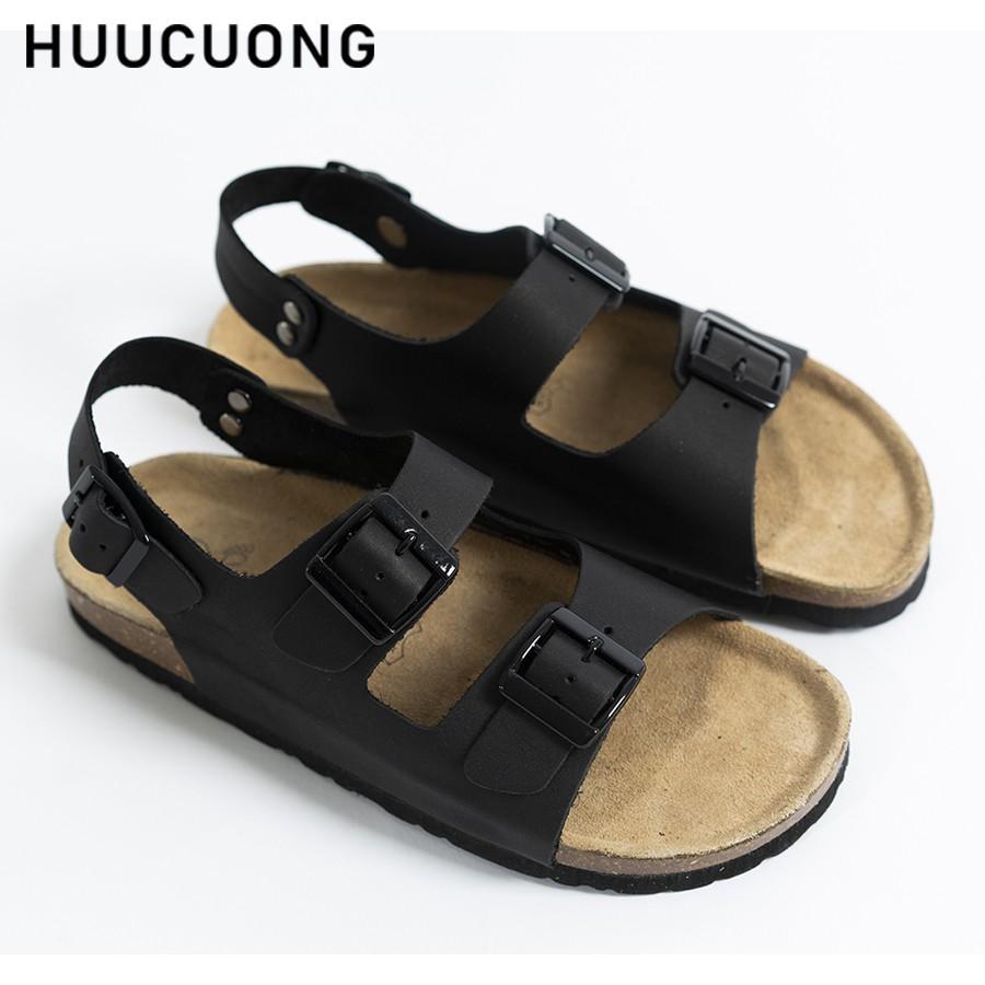 Sandal Unisex HuuCuong 2 khóa da bò đen đế trấu