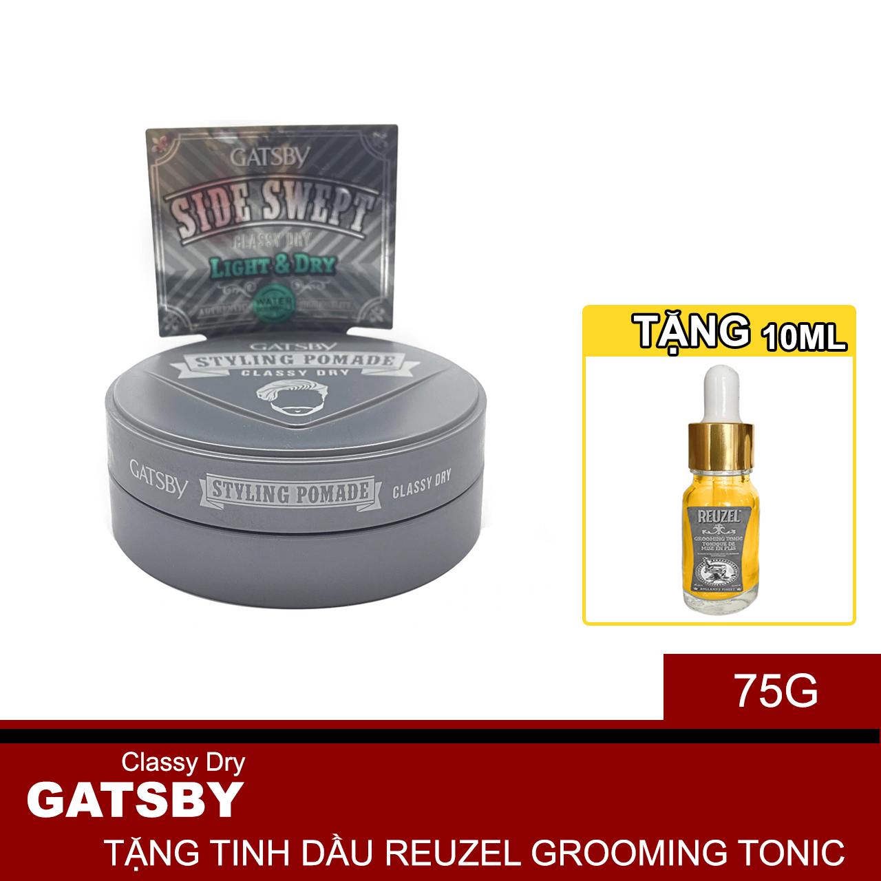 Sáp Classy Dry Pomade Tạo Kiểu Side Swept Giữ Nếp Cứng Tóc + Tặng Reuzel Grooming Tonic - Chính hãng - GATSBY STYLING POMADE 75G