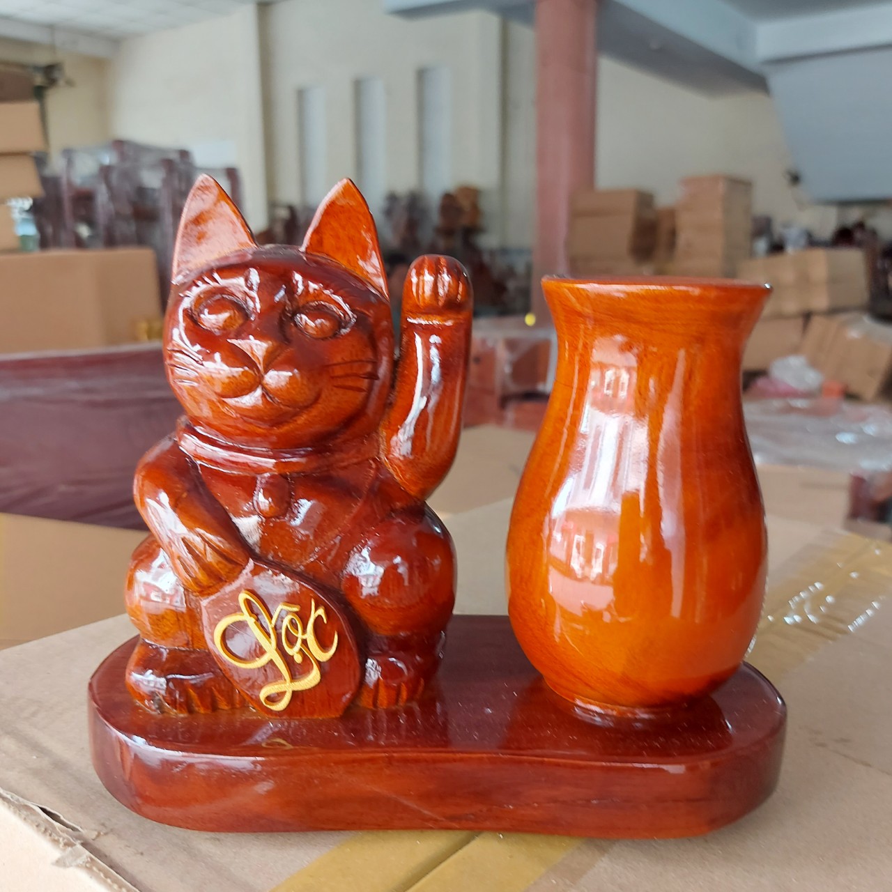 Trang trí bàn làm việc - Khay Cắm bút bằng gỗ _ Bằng Gỗ Tự Nhiên hình mèo tài lộc