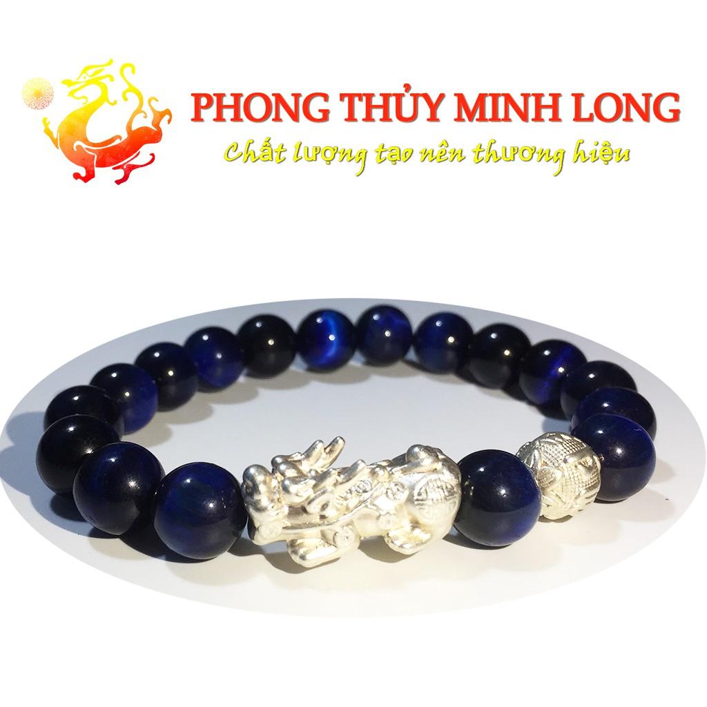Vòng tay đá Mắt Hổ Xanh Dương chất lượng 5A mix tỳ hưu và 1 hạt kim tiền Bạc hợp mệnh thủy và Mộc