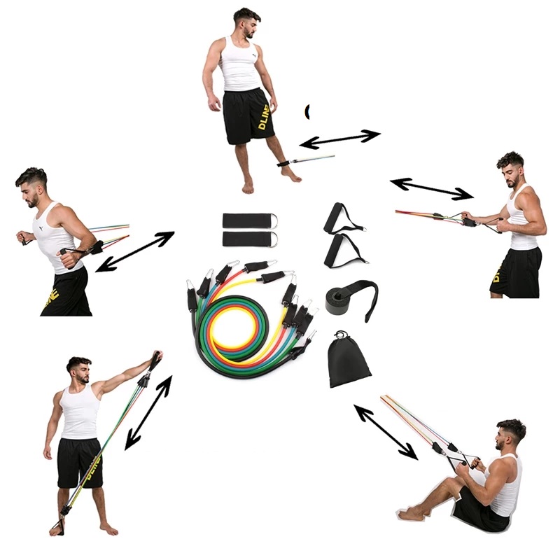 Combo Bộ Dây Cao Su Đàn Hồi Ngũ Sắc Tập Gym Tại Nhà và Kìm Bóp Cơ Tay 5-60kg + Màu Ngẫu Nhiên Dành Cho Mọi Lứa Tuổi