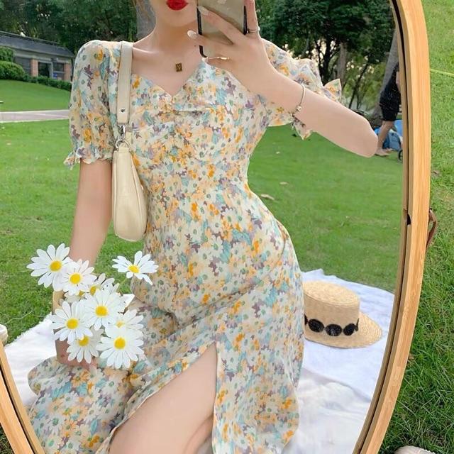 Đầm hoa xoắn ngực phối lưng bo chun