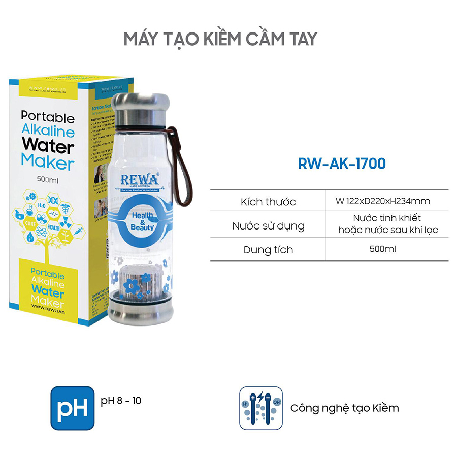 Máy Tạo Nước Ion Kiềm Cầm Tay Rewa RW-AK-1700 (500ml) - Hàng chính hãng