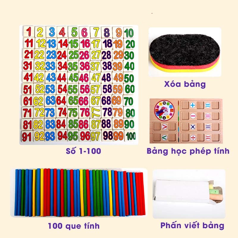 Đồ Chơi Trí Tuệ Cho Bé, Đồ Chơi Giáo Dục, Bộ Số Học Kèm Que Tính, Bảng 2 Mặt Kèm Đồng Hồ