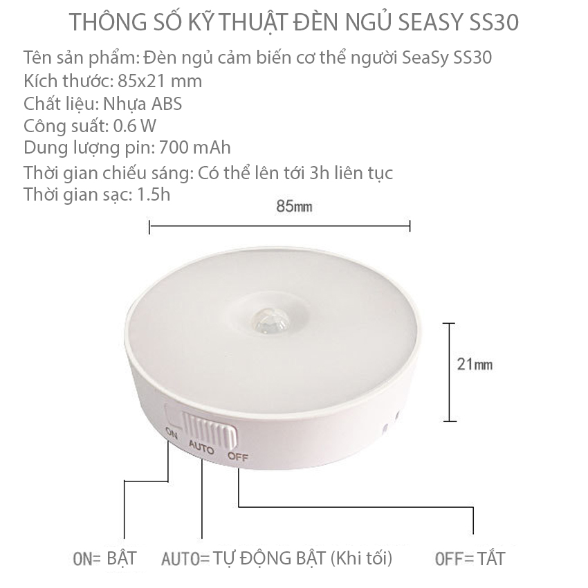 Đèn Led Cảm Biến Chuyển Động Tự Động Sáng Khi Có Người SeaSy SS30 Phiên Bản Pro - Đèn Đêm Thông Minh Không Dây Sạc USB Dung Lượng 700 mAh, Gắn Tủ Quần Áo, Hành Lang, Cầu Thang - Hàng Chính Hãng