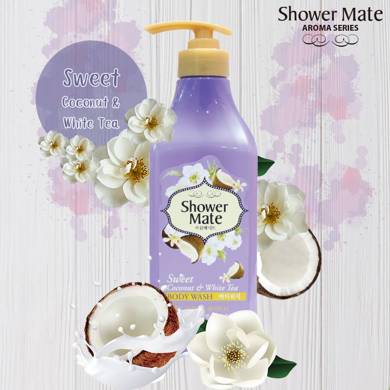 Sữa tắm dạng Gel cải thiện làm da khô Showermate hương dừa và trà trắng Hàn Quốc 550ml tặng móc khóa