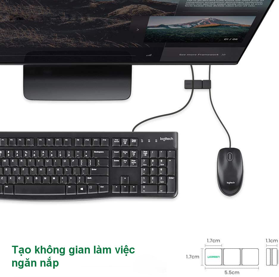 Kẹp cố định dây cáp, dây tai nghe, dây mạng, dây sạc... giúp gọn không gian 3 rãnh và 1 rãnh UGREEN 70585 - Hàng chính hãng