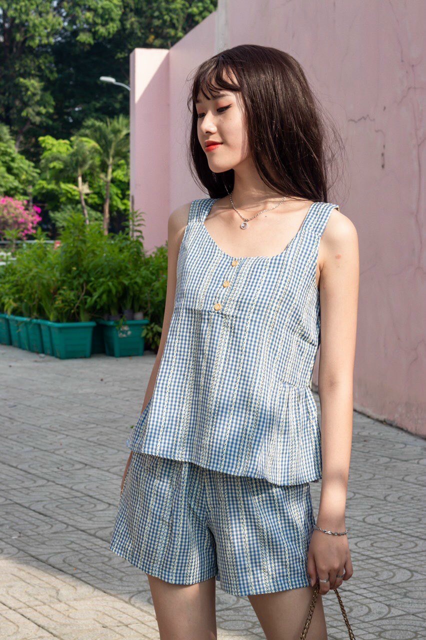 Bộ chất thô 2 dây kẻ sọc nhún eo trẻ trung