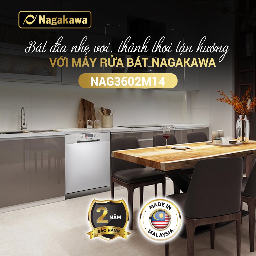 Máy rửa bát 14 bộ cao cấp Nagakawa NAG3602M14 - Made in Malaysia -  Hàng Chính Hãng