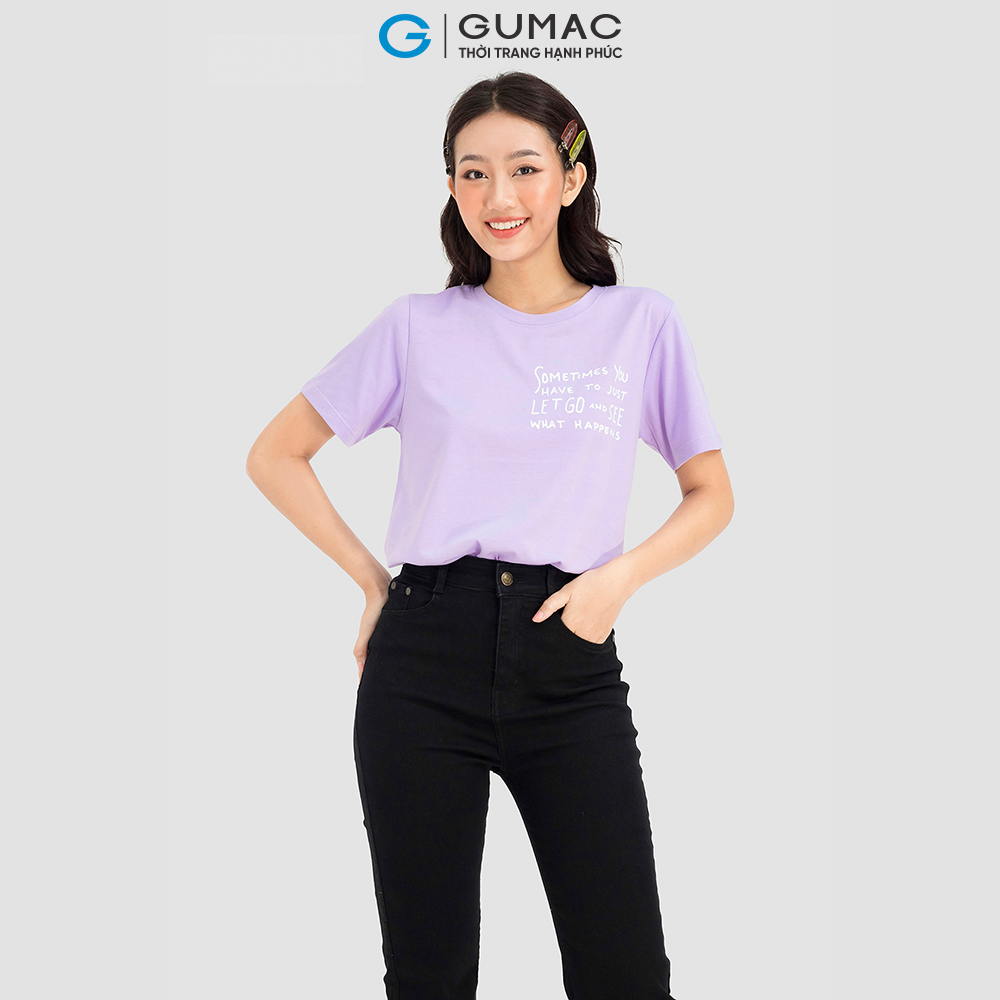Áo thun cổ tròn in chữ GUMAC ATC08010 vải tici màu tím trắng
