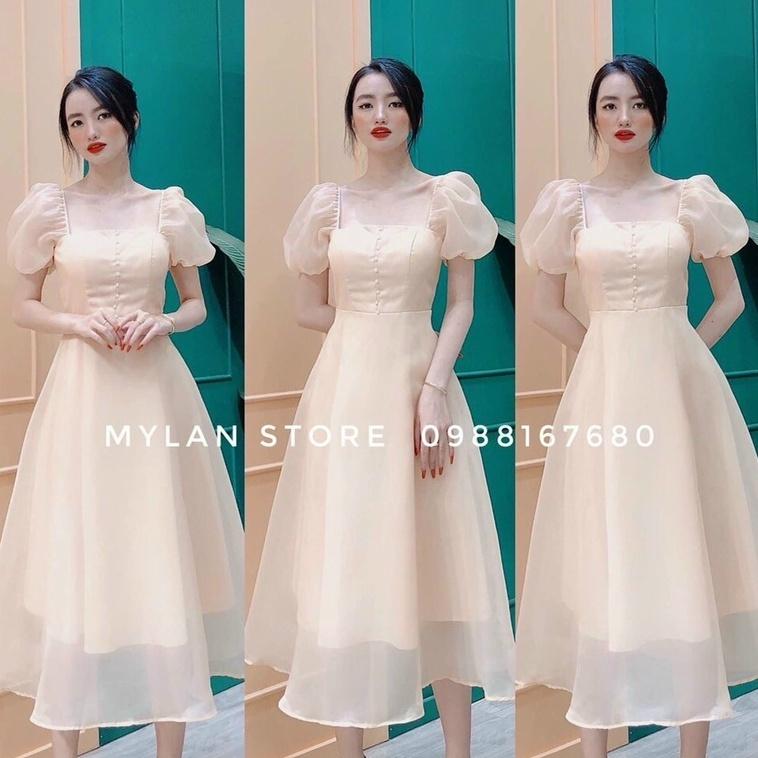 Đầm váy nữ dự tiệc voan tơ cổ vuông đính ngọc đỏ trắng nude nhẹ nhàng trẻ trung