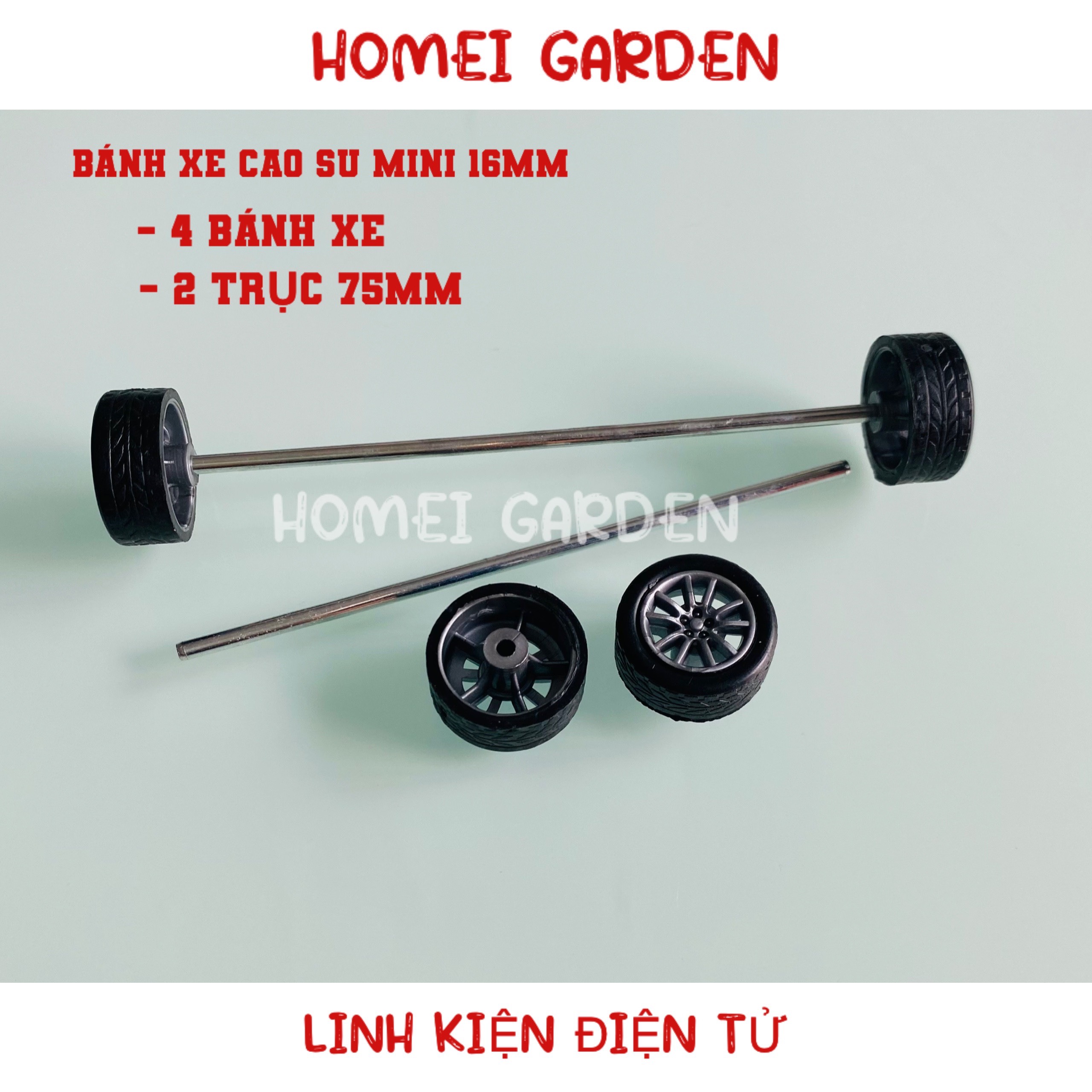 4 bánh xe mini vỏ cao su 16mm trục 2mm kèm 2 trục 75mm chế xe tàu DIY stem steam - HM0141