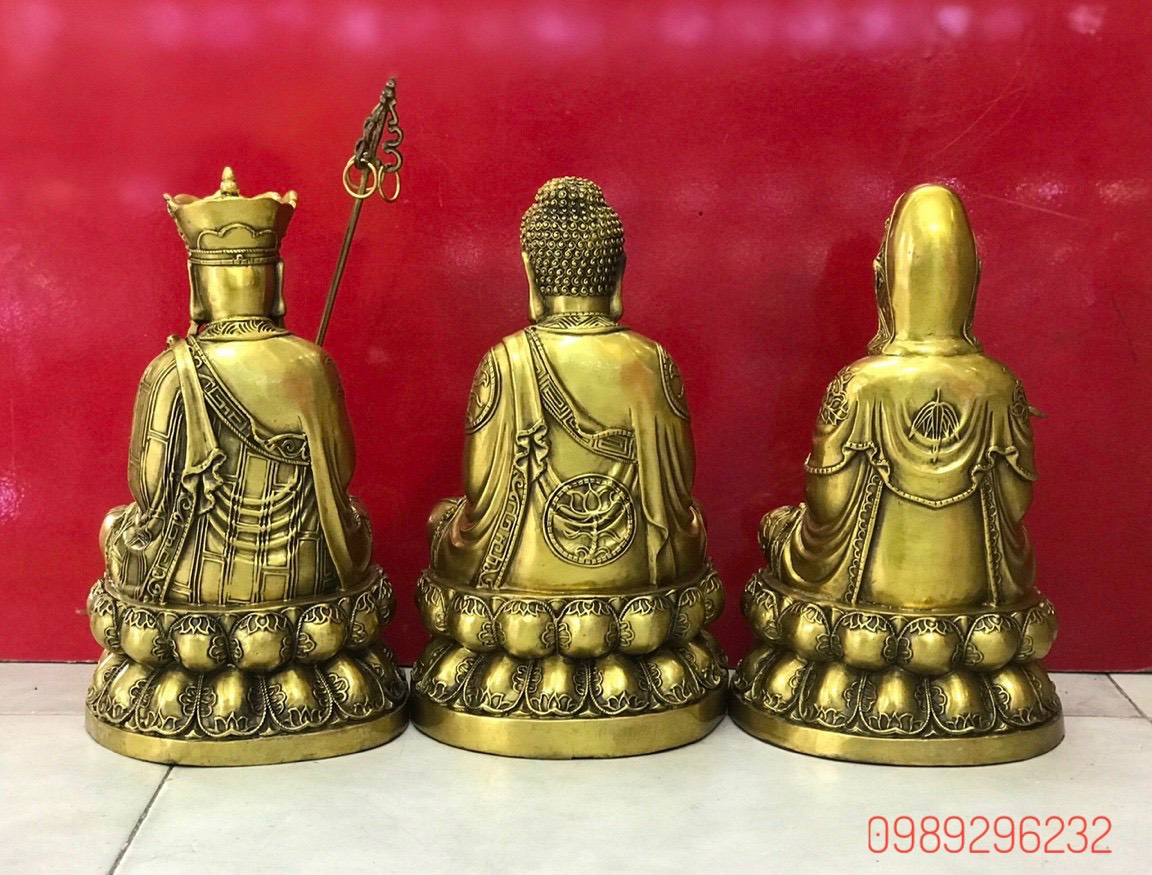Bộ tượng Ta Bà Tam Thánh Phật áo hoa đẹp bằng đồng - Tượng tam thánh cao 30