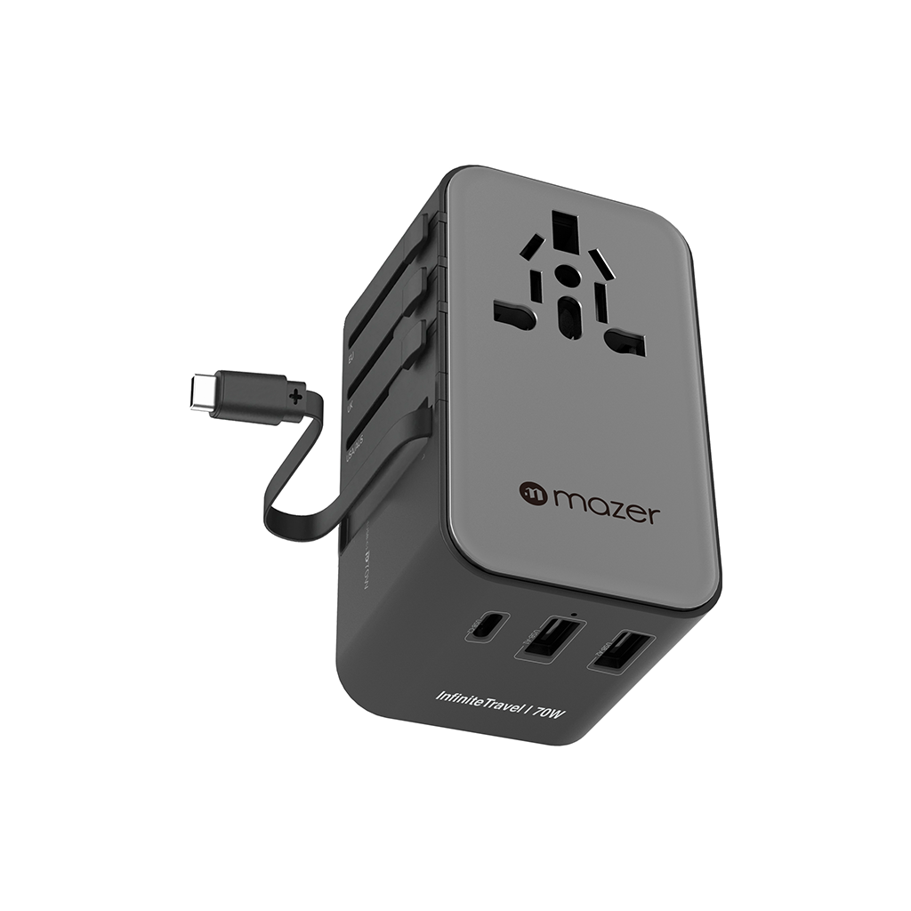 Củ sạc du lịch đa năng Mazer InfiniteTravel LinkIF Travel370 PD70W Gan có cáp USB C tích hợp - Hàng Chính Hãng