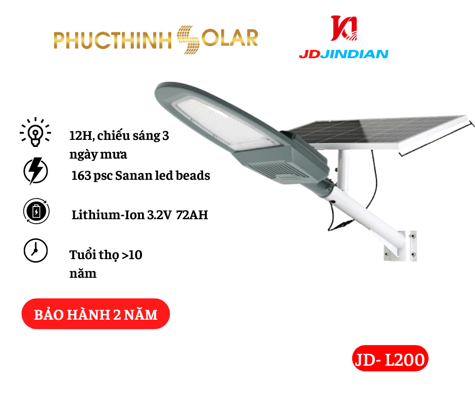 Đèn Đường Năng Lượng Mặt Trời 200W Jindian JD-L200 Hàng Chính Hãng | Phúc Thịnh Solar