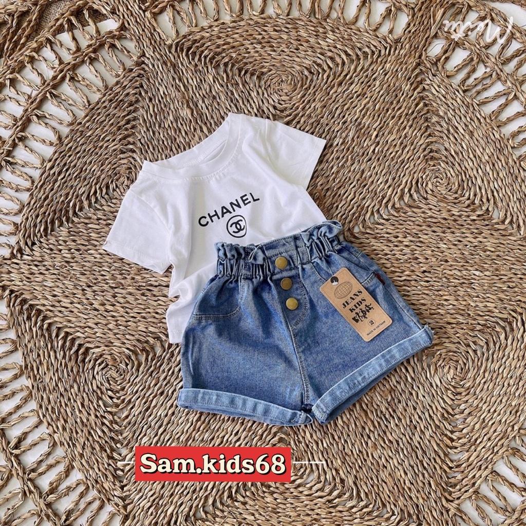 Bộ chà neo quần jean cạp cao siêu điệu cho bé gái, size 10-22kg