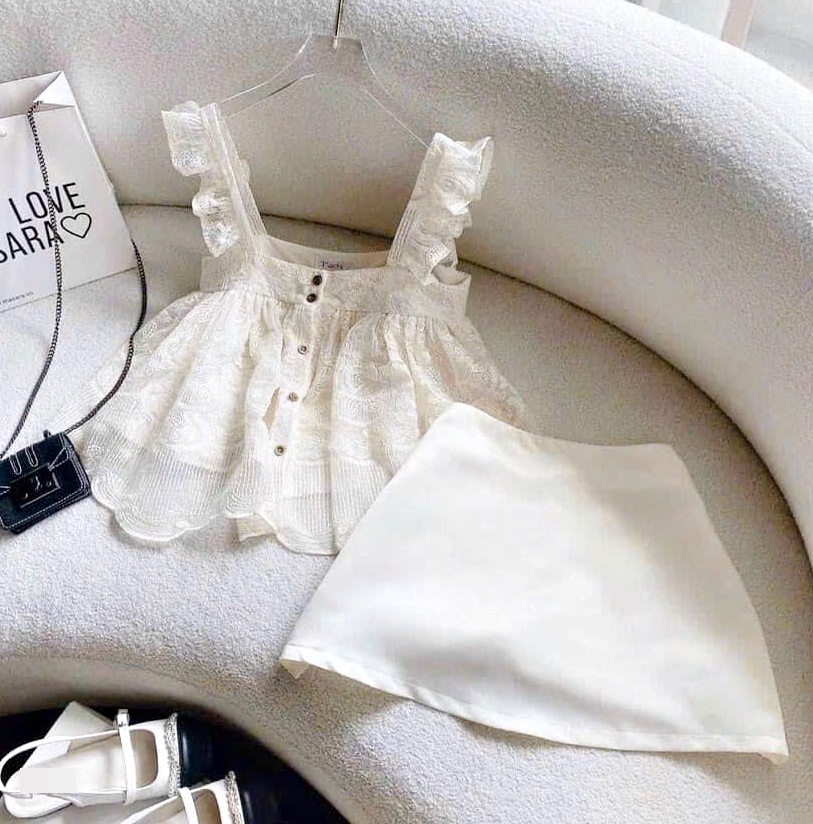 ĐẦM MIDI SET ÁO REN 2 DÂY CÁNH TIÊN RỘNG + CHÂN VÁY NGẮN CHỮ A SATIN SUÔNG TRƠN ĐI TIỆC ĐI CHƠI ĐI BIỂN DẠO PHỐ