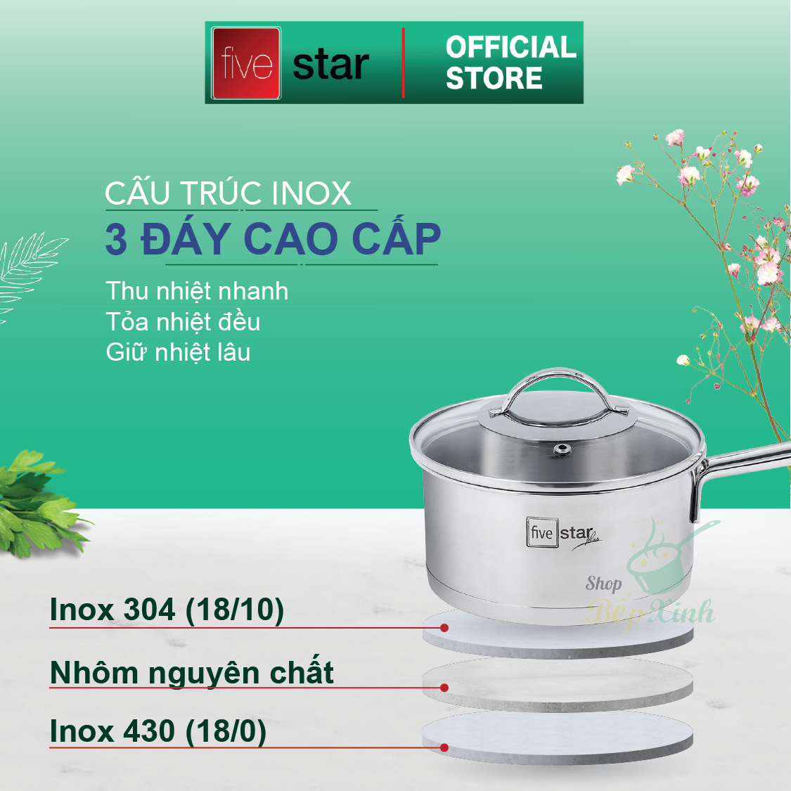 Bộ nồi inox 304 cao cấp FIVESTAR Plus quai oval kiểu Silit 5 món nắp kính