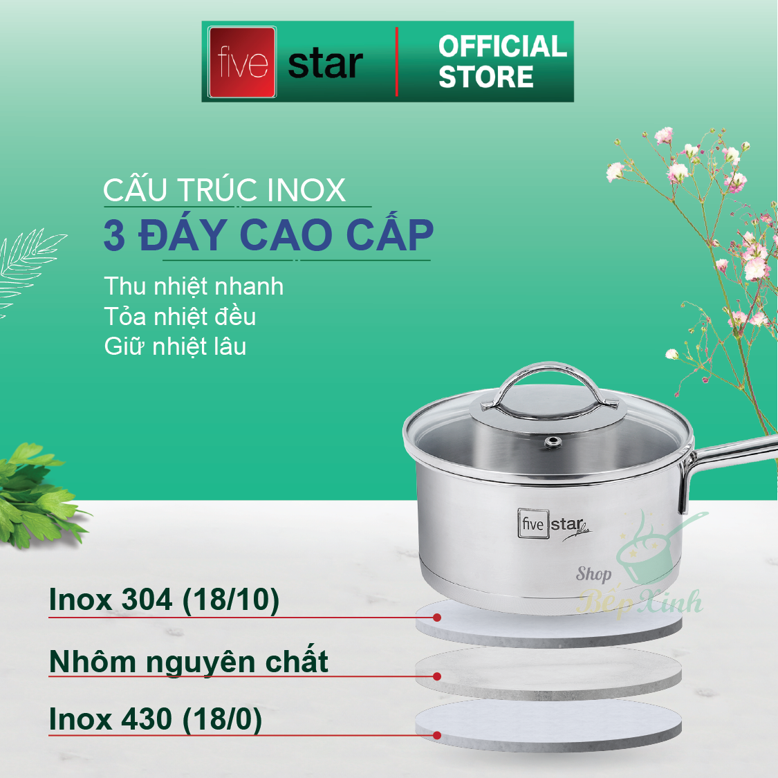 Bộ nồi inox 304 cao cấp FIVESTAR Plus quai oval kiểu Silit 5 món nắp kính ( tặng 1 vá canh )