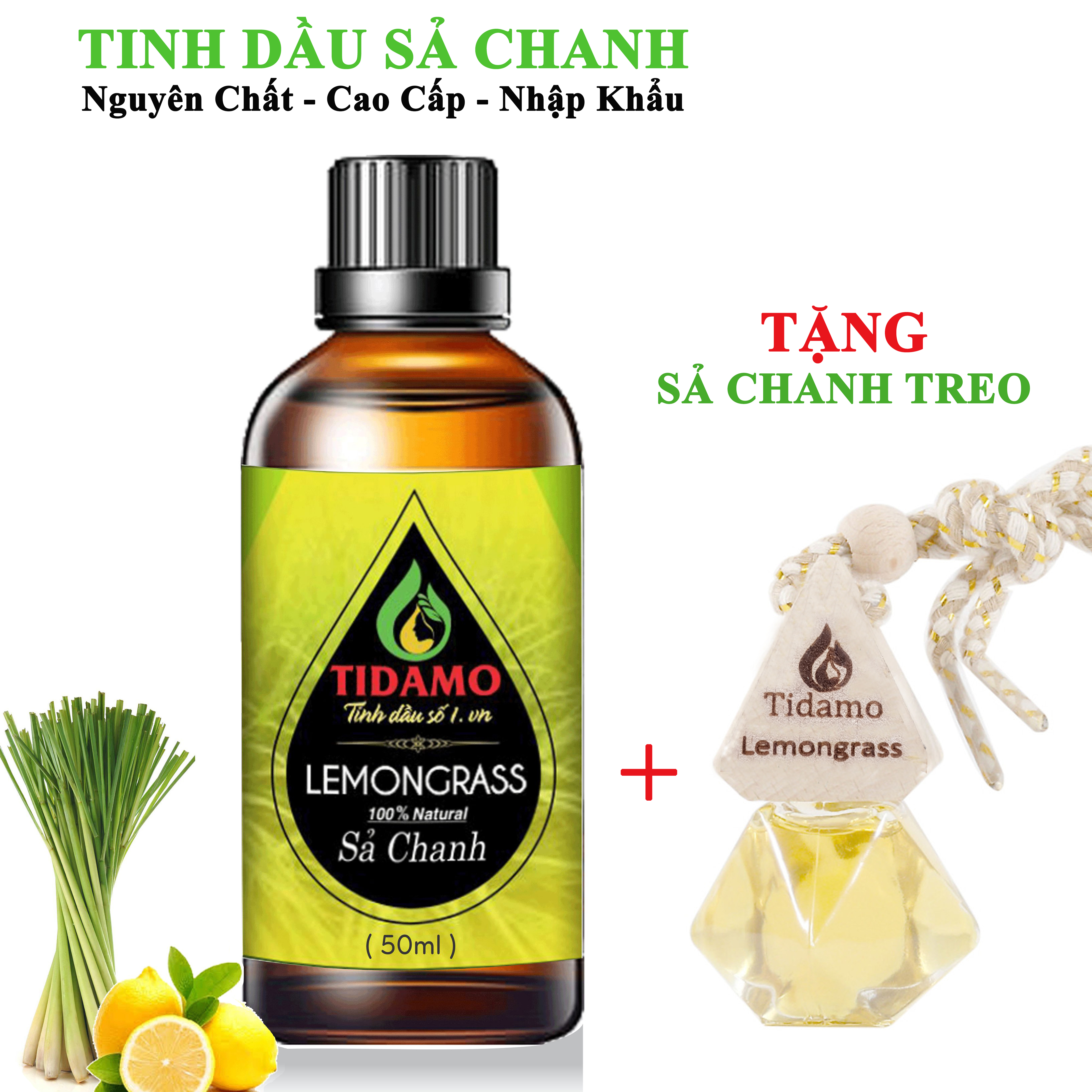 Tinh Dầu Sả Chanh 50ML + Tinh Dầu Treo xe Treo Phòng Sả Chanh (Lemongrass) - Tinh Dầu Xông Phòng Sả Chanh Nguyên Chất TIDAMO Giúp Bảo Vệ Sức Khỏe, Kháng Khuẩn, Đuổi Muỗi Và Thư Giãn Tinh Thần